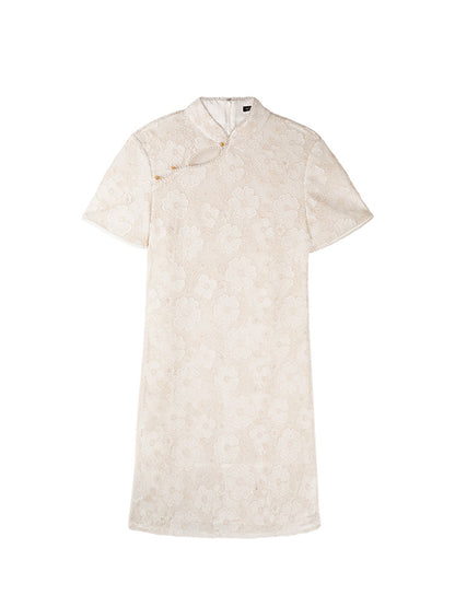 HECO Chinese style short-sleeved embossed flower summer cut-out short dress- TEMIRO.