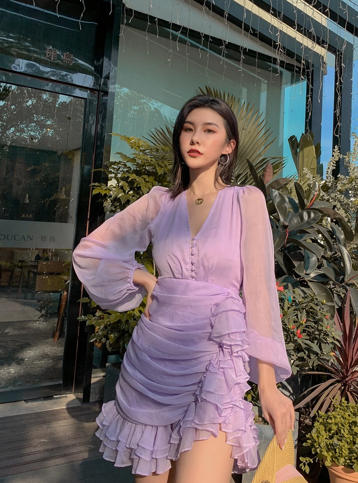 D0LLY Luxury French Style V-Neck Long Puff Sleeve Chiffon Pleated Ruffle Dress-VERA