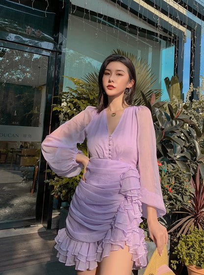 D0LLY Luxury French Style V-Neck Long Puff Sleeve Chiffon Pleated Ruffle Dress-VERA