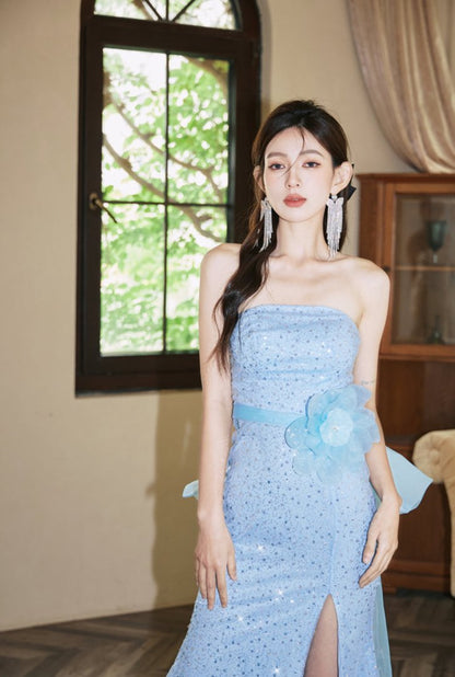 DOLLY Elegant Blue Flower Ribbon Tube Sequin Fish Tail Dinner Dress-LONE