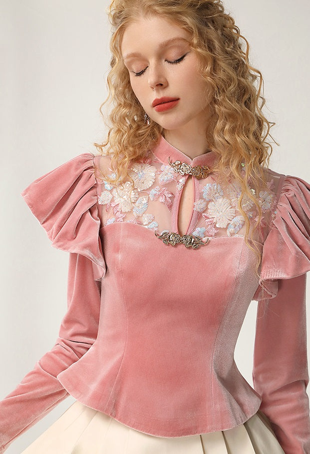 CHECOCRE Classy Winter Palace Style Retro Sequin Stitching Pink Peplum Top - SARAH.