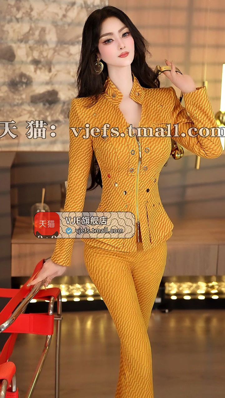 VJE  Slim Suit Jacket High-waisted Micro Flared Pants Two-Piece Set-HONG.
