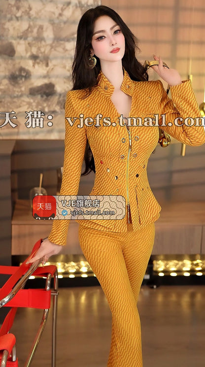 VJE Capable Jacket High-waisted Micro Flared Pants Two-Piece Set-HONG.