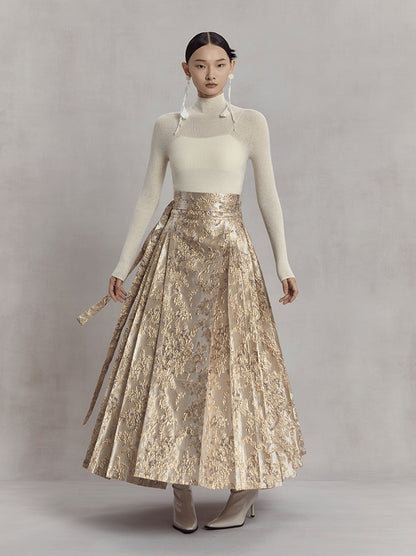 HECO high waist pleat blue purple green jacquard Embossed Skirt Women - king.