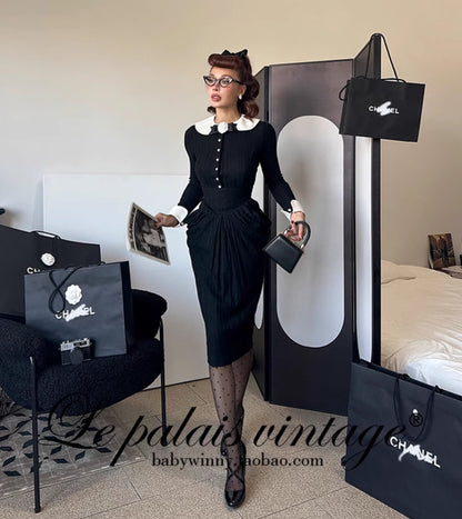 Le Palais Vintage Elegant Black and White Round Neck Cardigan High Waist Pencil Office Skirt-Ivy