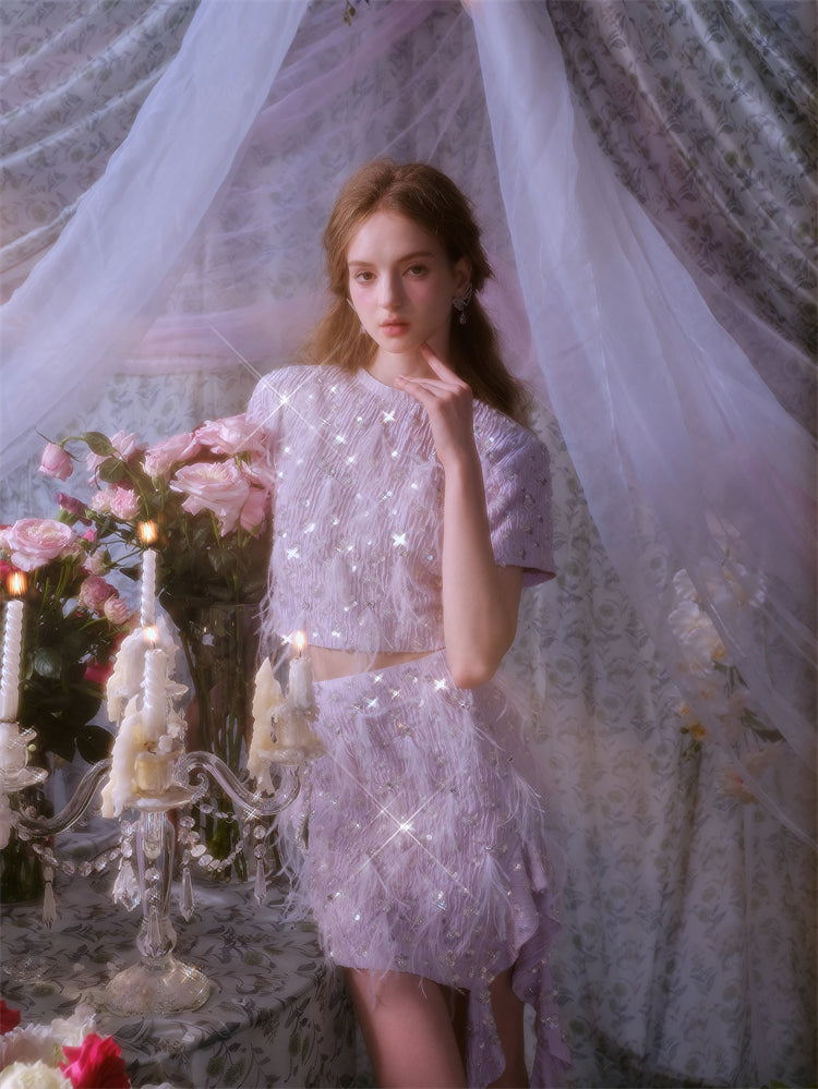 Wardrobes by Chen Elegant Short Sleeve Diamond Feather Top/Short Skirt- Milo