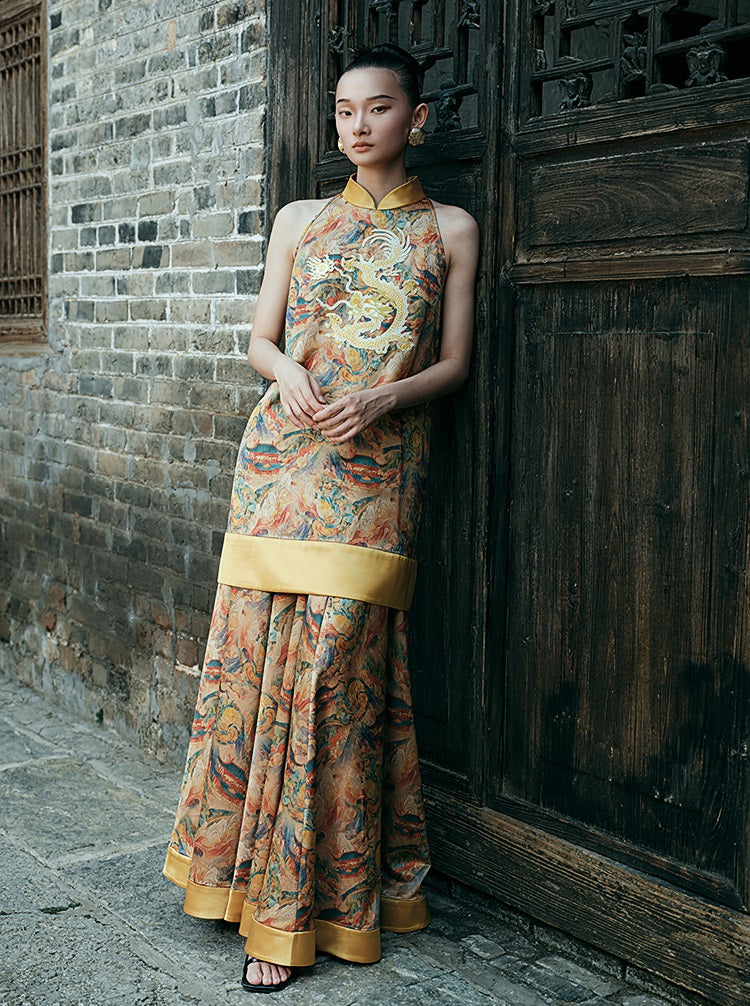 HECO Chinese Stand Collar Color-Blocked Golden Dragon Embroidery Dress - ZIPH