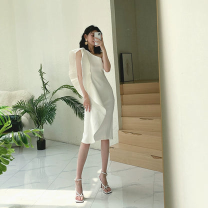 DOLLY Luxury French Style Ruffle One Shoulder Hip Hug Midi Dinner Dress-JEHO
