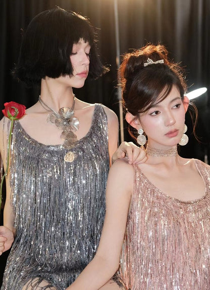 DOLLY Luxury U-Neck Star Light Tassel Sleeveless Backless Short Party Dress-PHEOBE