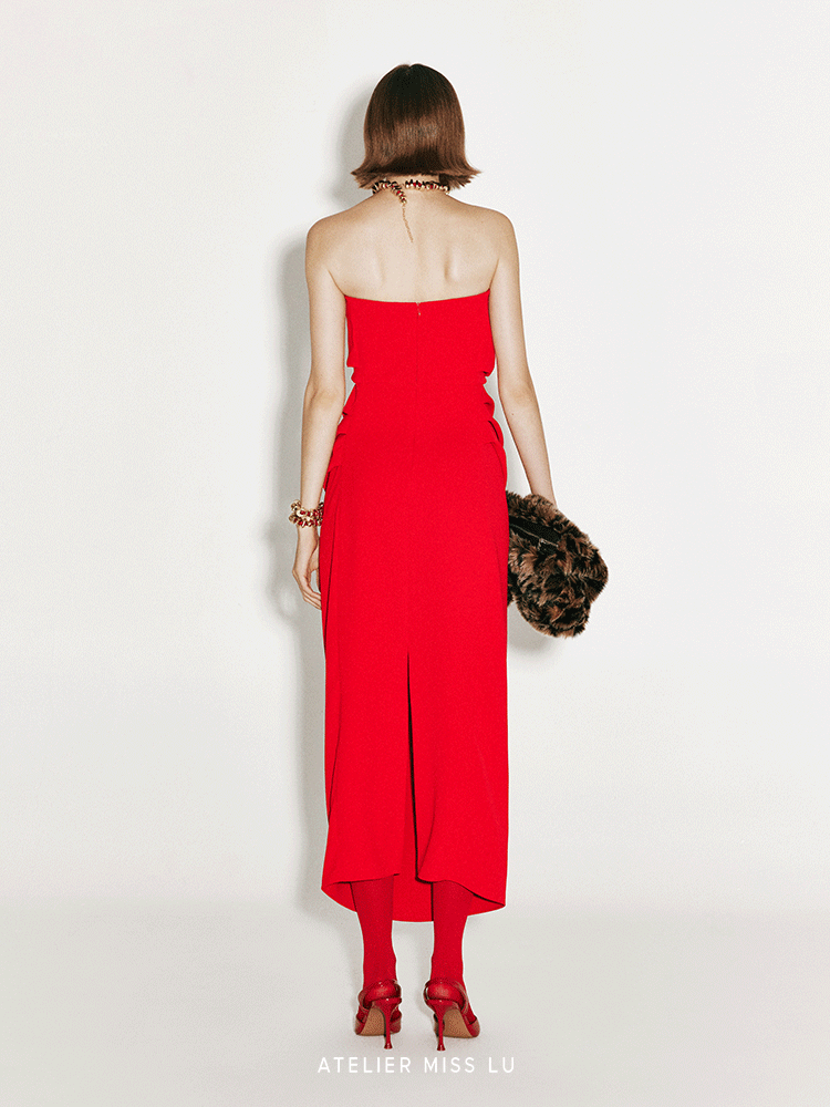 ATELIER MISS LU fall/winter irregular pleated design bandeau red dress -STEVE