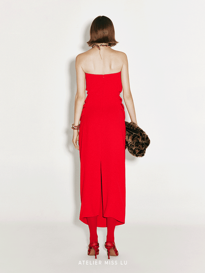 ATELIER MISS LU fall/winter irregular pleated design bandeau red dress -STEVE