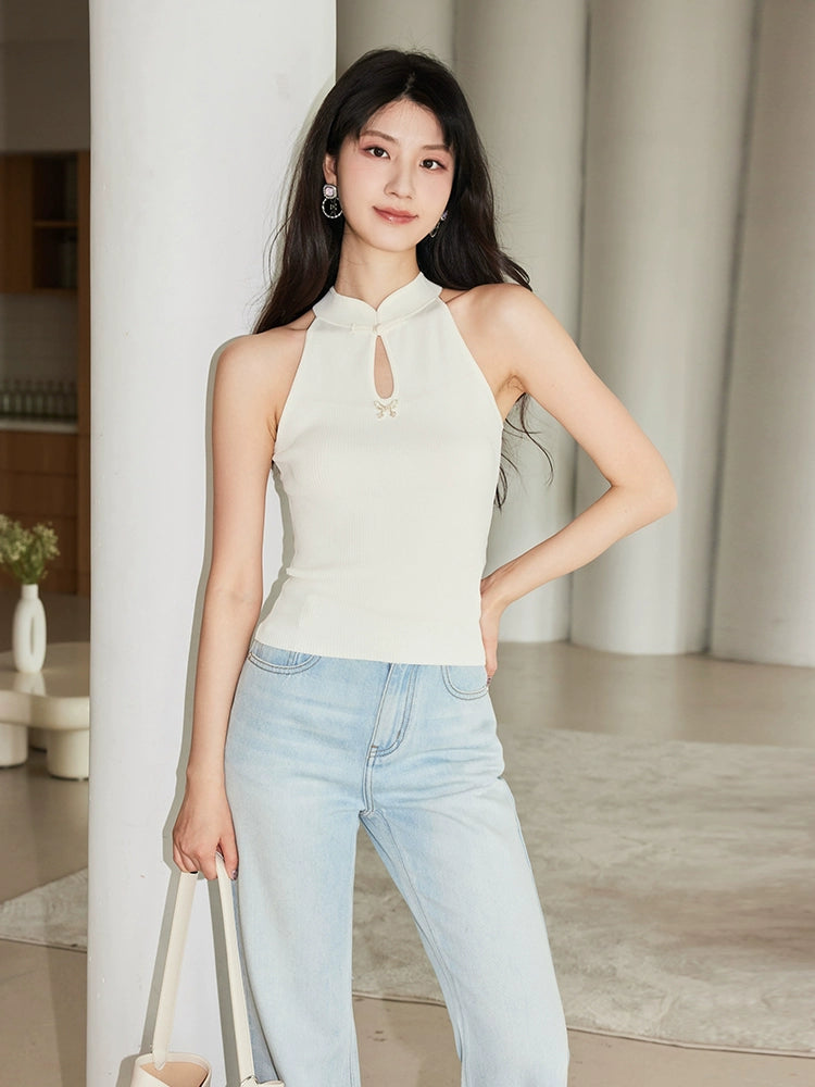 YES BY YESIR Ye Qians Chinese Halterneck Shaved Shoulder Knitwear -ANASTELLE.