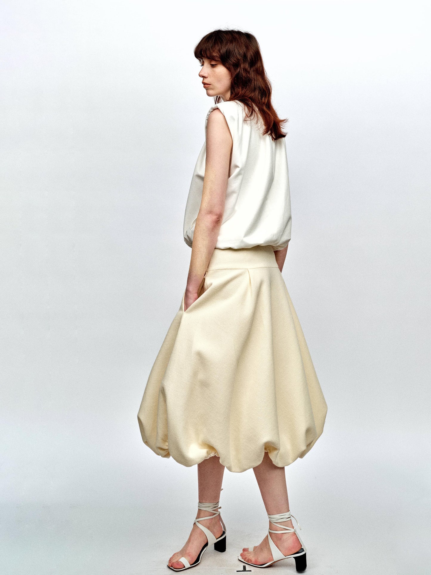 SERRER Beige shirred patchwork design bubble skirt - GABRIEL.