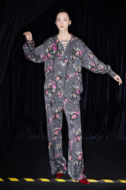 M essential Mackay designer cherry blossom print beads scissor neck loose top - NOCTAINE.