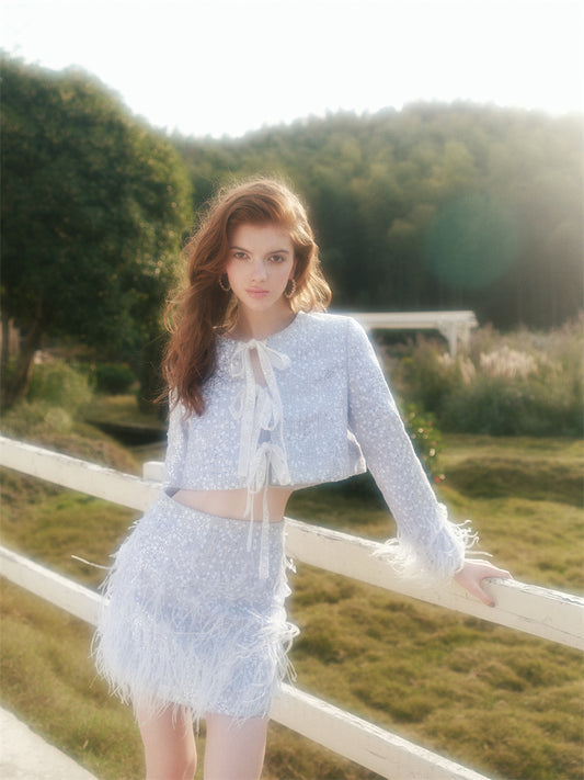 Wardrobes by Chen Mist Blue Crystal Feather Tassel Sequin Jacket/Short Skirt-Tonia