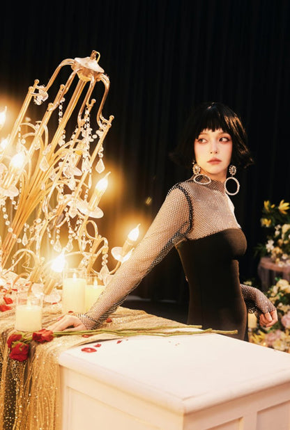 DOLLY Elegant Black Queen Style Turtle Neck Long Sleeve Slim Fit Long Dinner Dress-ELUALIA