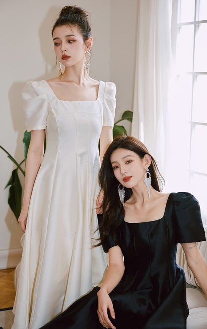 DOLLY Elegant Retro Square Neck Short Puff Sleeve Satin Long A-Line Dress-BAMBI