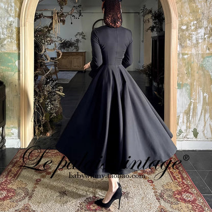 Le Palais Vintage Elegant Retro Long Sleeves Plain Mid Skirt Black  Long Cocktail Hem Dress-Aurora