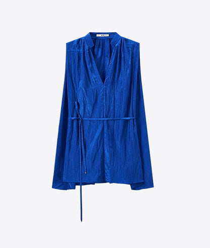 COMME MOI Women's Sleeveless V-Neck Draped Shirt blue Top - SAMUEL.