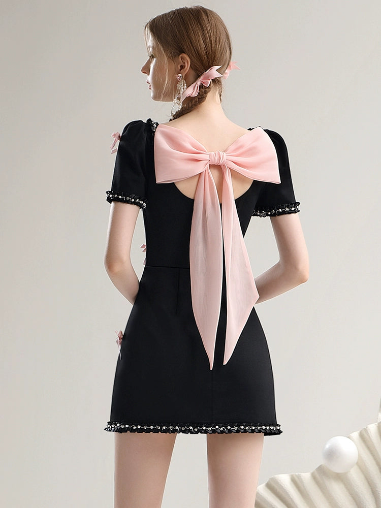 CHECOCRE New Pink Bow Heavy Industry Square Neck Little Black Dress - BONES