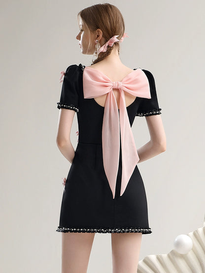 CHECOCRE New Pink Bow Heavy Industry Square Neck Little Black Dress - BONES