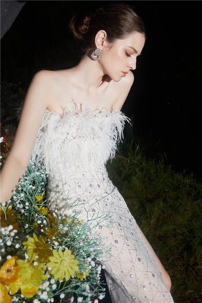 Wardrobes by Chen  luxury wedding White Haute Couture Feather Sequin Dress-Masa