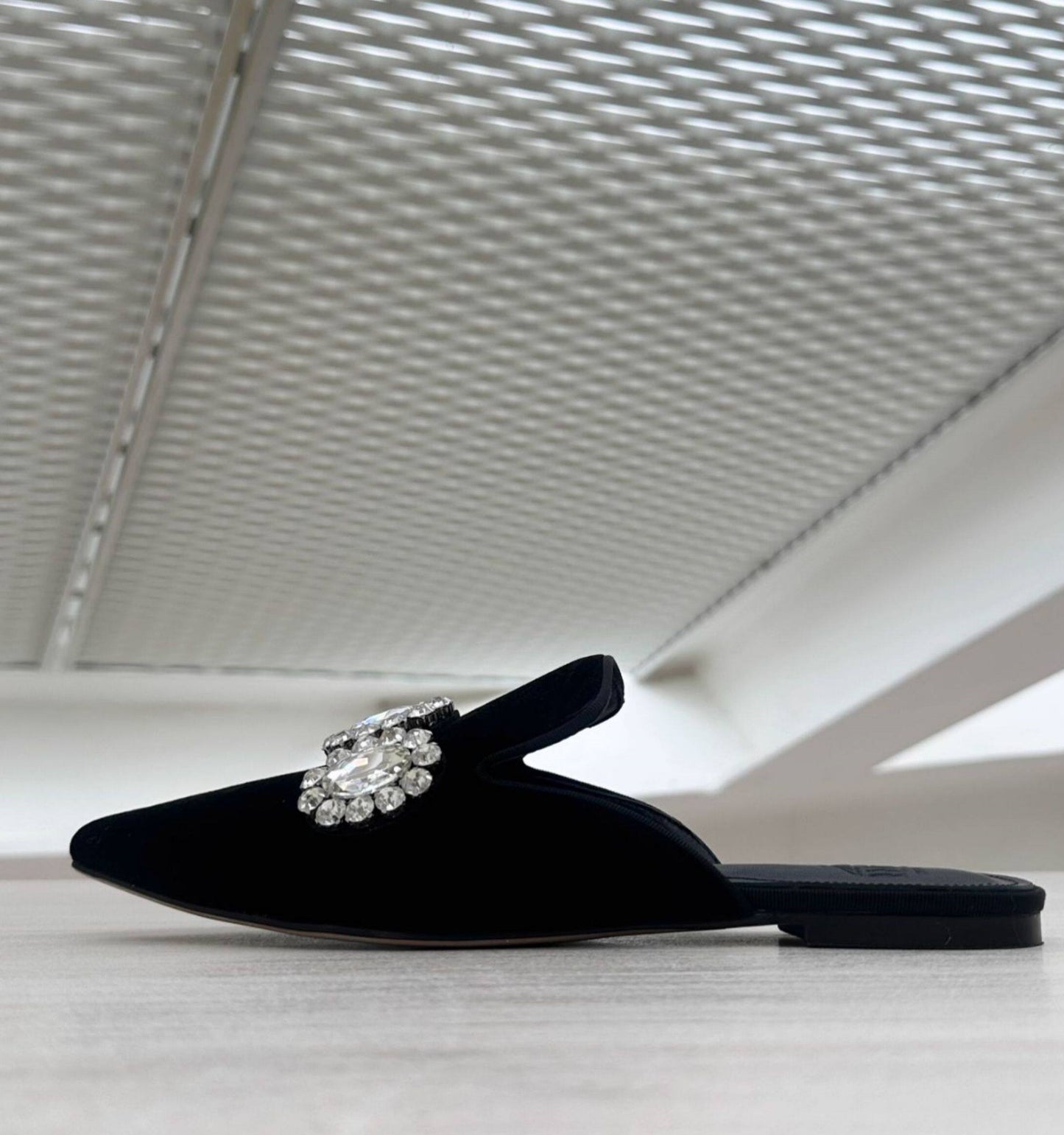 B-FEI custom pointed rhinestone flat mules.