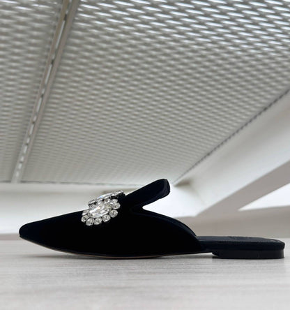 B-FEI custom pointed rhinestone flat mules.