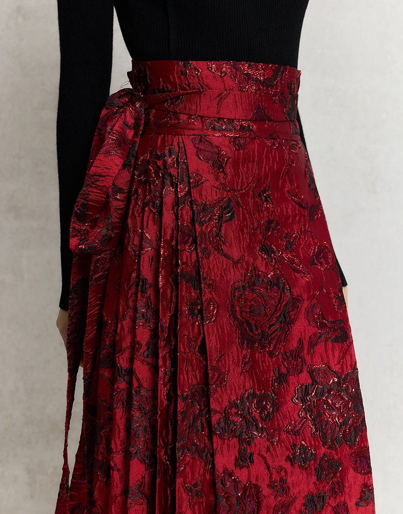 HECO Wear Gold Wire Embossed Horse Face red high waist pleated Skirt - burn.