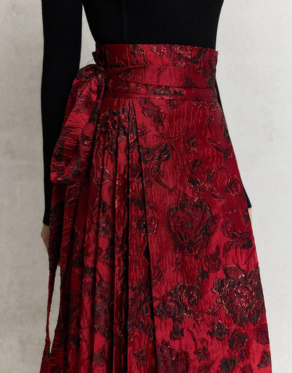 HECO Wear Gold Wire Embossed Horse Face red high waist pleated Skirt - burn.