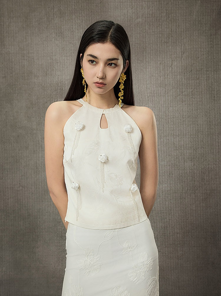 HECO Sleeveless Halterneck Handmade Rose Tassel Vest - BACK.