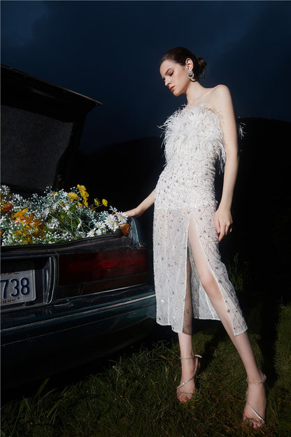 Wardrobes by Chen  luxury wedding White Haute Couture Feather Sequin Dress-Masa