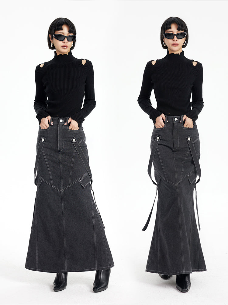 TINY IN imitation denim  lace high waist slit fishtail skirt-COCO