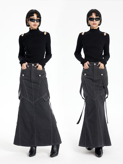 TINY IN imitation denim  lace high waist slit fishtail skirt-COCO