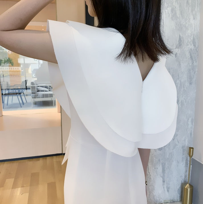 DOLLY Elegant White V-Neck Flying Ruffle Sleeve Slim Fit Long Goddess Dress-CLAUDIA