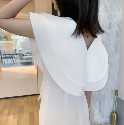 DOLLY Elegant White V-Neck Flying Ruffle Sleeve Slim Fit Long Goddess Dress-CLAUDIA