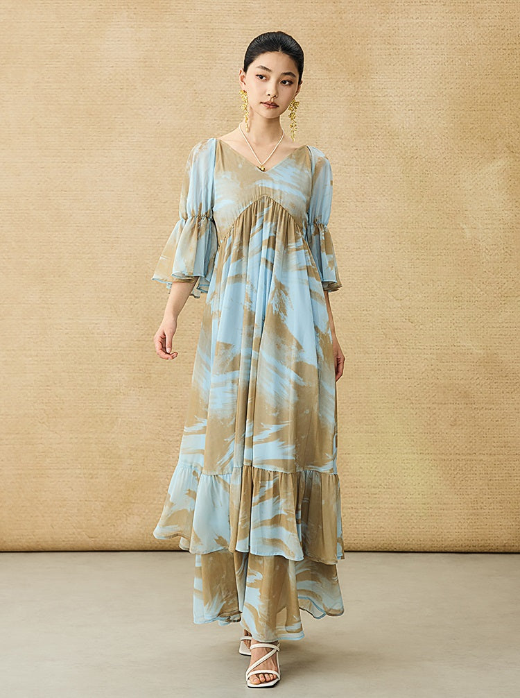 HECO Chinese V-neck wavy sleeve summer big resort dress - AMAZE .