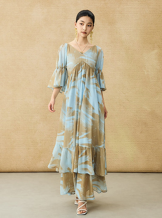 HECO Chinese V-neck wavy sleeve summer big resort dress - AMAZE .