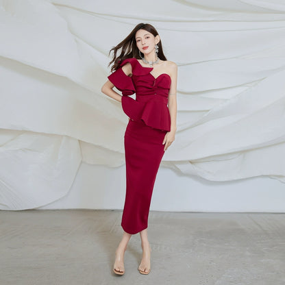 DOLLY Elegant French Style Off Shoulder Ruffle Short Top+ High Waist Skirt-LOIS