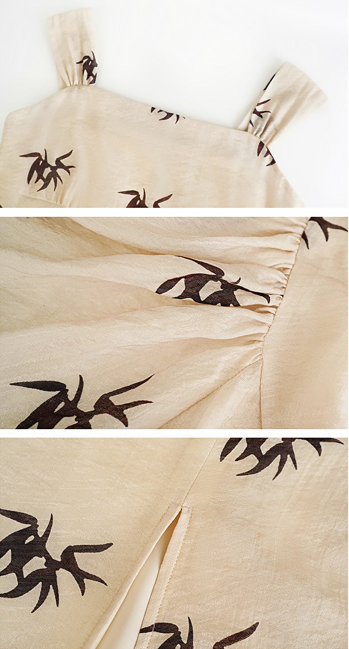 HECO Chinese irregular pleated camisole bamboo leaf print long dress- ROCK .