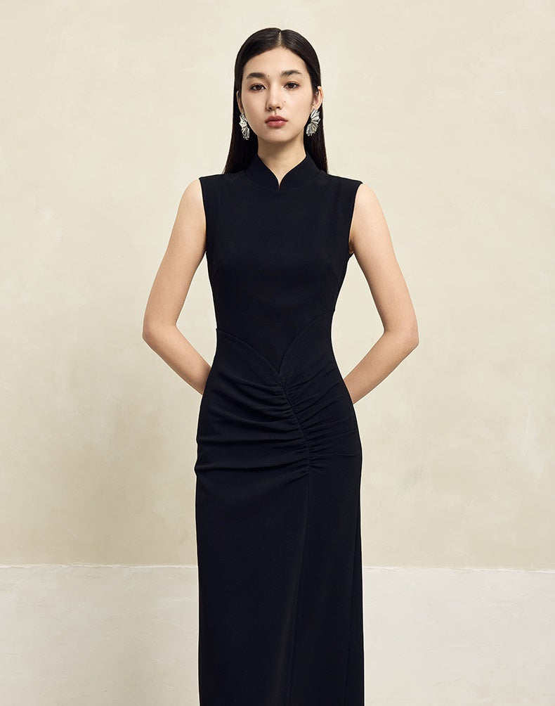 HECO Acetate Waist Black White Pleated Slim Dress Women - EARTH.