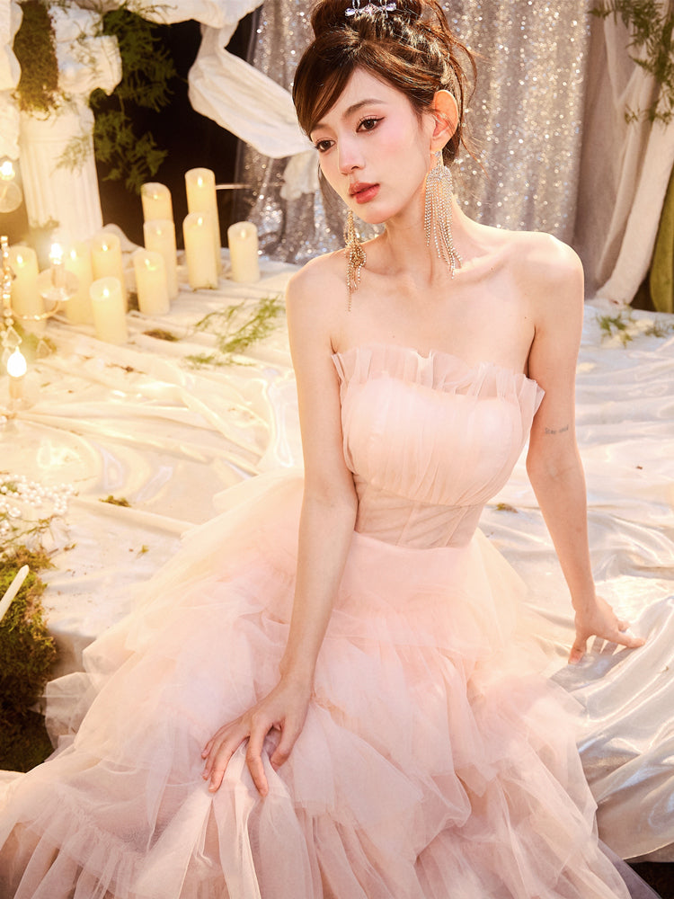 DOLLY Luxury Peach Pink French Style Tube Top Sleeveless High Waist Prom Dress-PEACHES