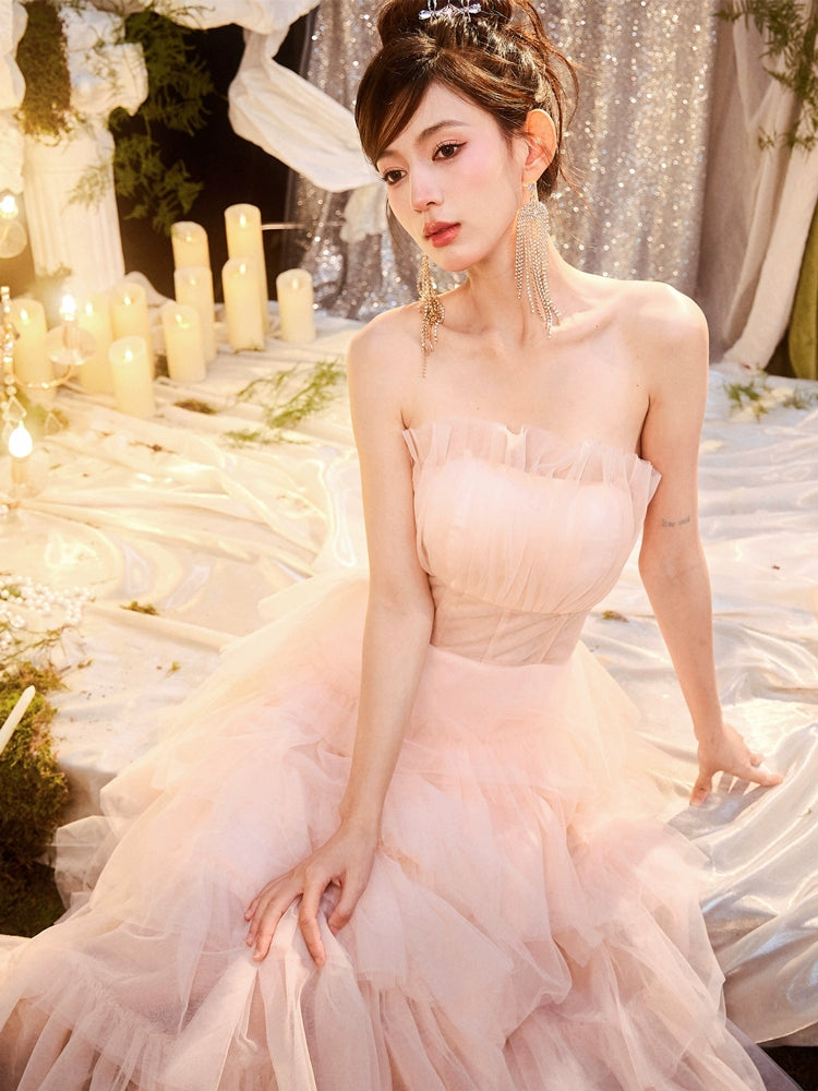 DOLLY Luxury Peach Pink French Style Tube Top Sleeveless High Waist Prom Dress-PEACHES