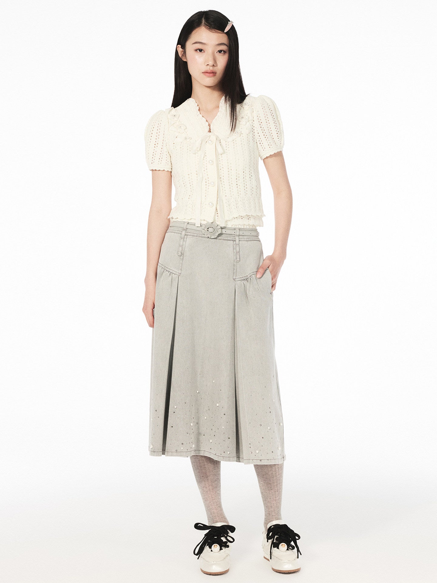 FAME beaded double waist denim maxi skirt - ANDREW
