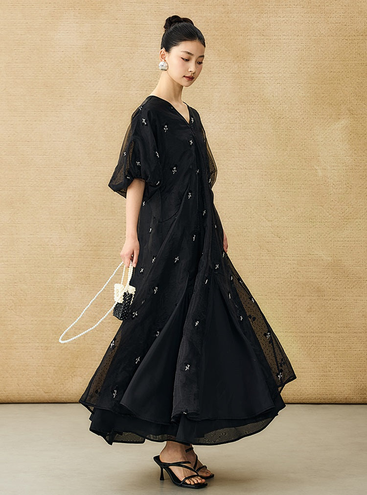 HECO  New Chinese Embroidered V-Neck Puff Sleeve Dress - CORAINE.