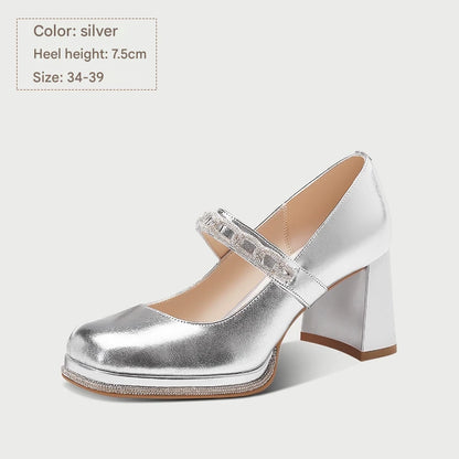 PJJUU beautiful silver mary jane thick heel - POWER.