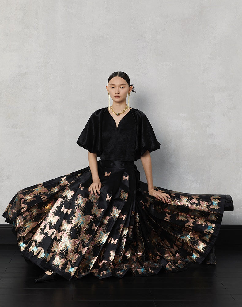 HECO Butterfly Hanfu High Waisted Pleated Long Skirt - rain.