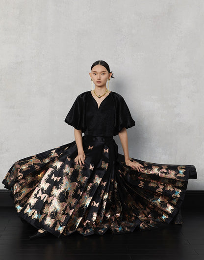 HECO Butterfly Hanfu High Waisted Pleated Long Skirt - rain.