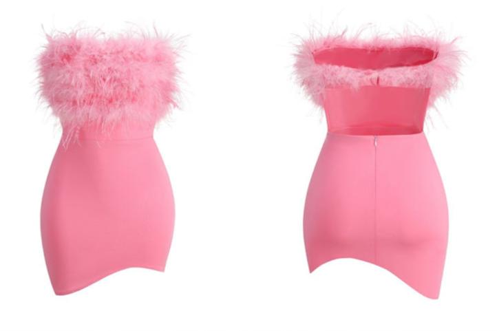 DOLLY Elegant Off Shoulder Fluffy Feather Tube High Waist Slim Fit Short Dress-FRANCES