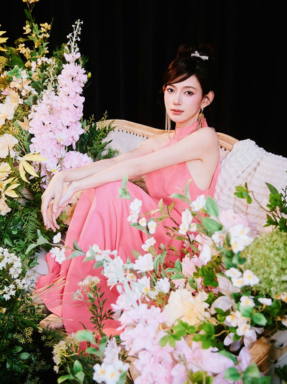 DOLLY Elegant Pink Halter Neck Sleeveless Long Loose A-Line Evening Dress-AMELIA